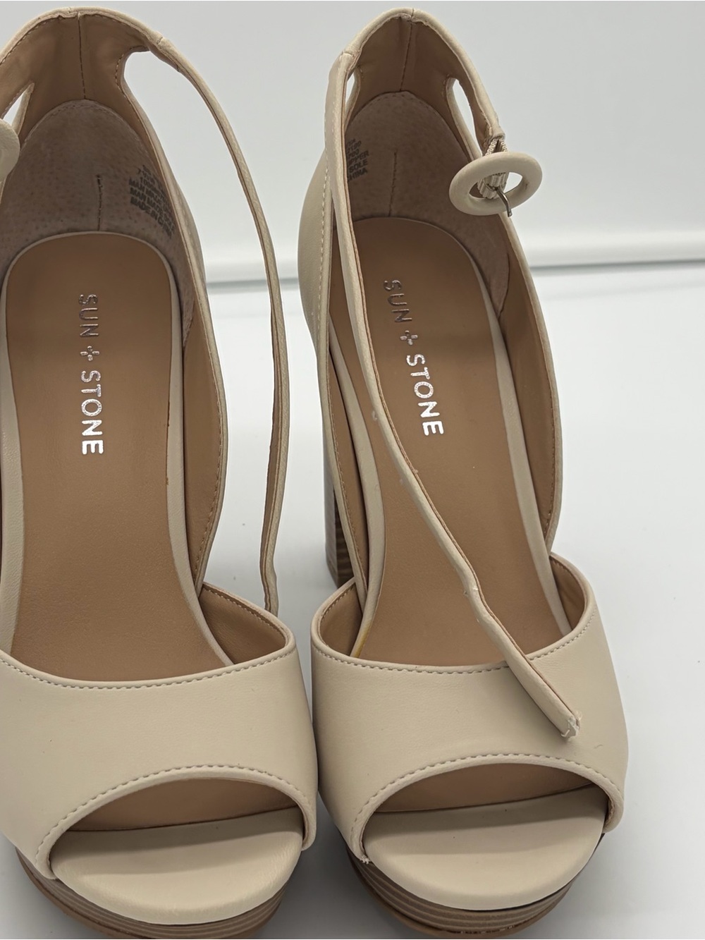 Sun + Stone Beige Open-Toe Ankle Strap Heels